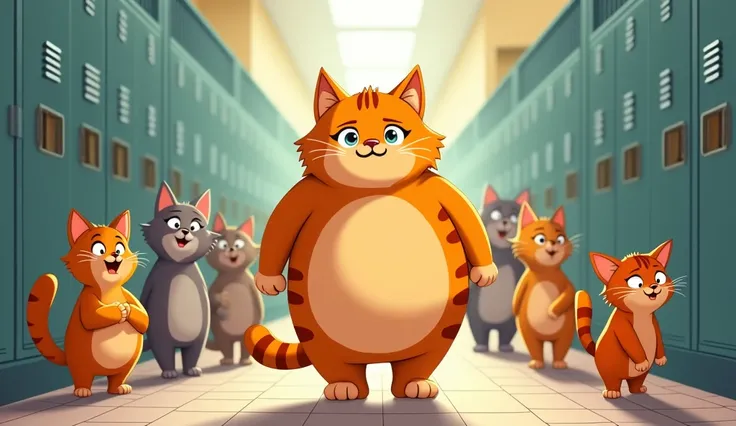 Chubby baby orange cat walking in a school hallway, with other cats laughing at him."