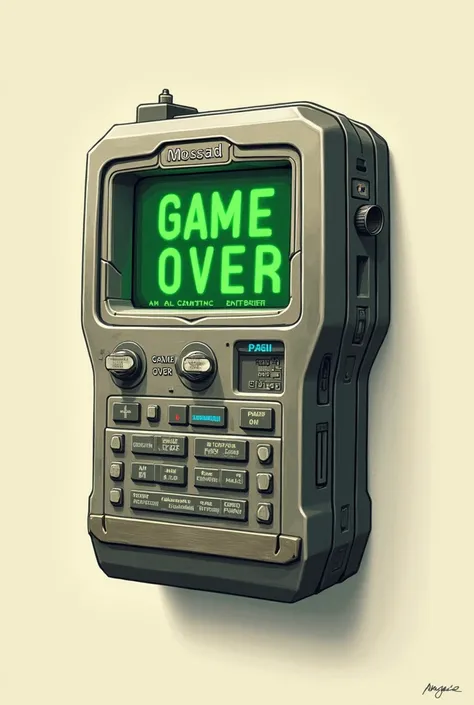 Create an illustration of a pager with the brand name “MOSSAD”, and has a green display, On the display pager it says &quot;GAME OVER&quot;. Make it in perfect high quality picture.