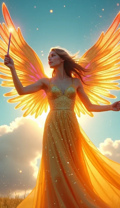 Image of a beautiful angel in a golden dress, with beautiful rainbow wings, holding a magic wand as if casting a spell, with shiny multi-colored magic powder, decorated with patterns with light energy emitting from the body. 3D image, the background is a b...