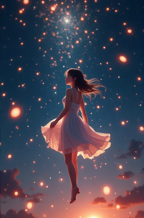 A very nice and cinematic view of the bright night lightened with glow of lights, a very beautiful anime girl floating like no gravity, very cinematic like a suspicious movie scene 