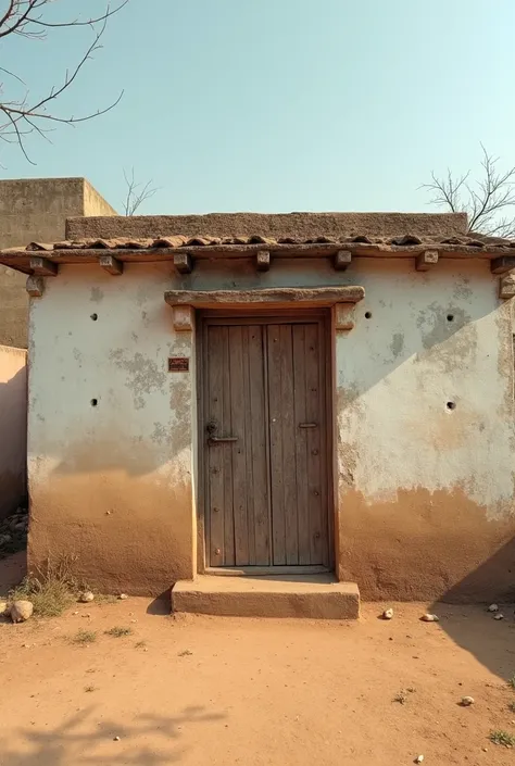 A wide Indian house rectangular in shape with the length attached to the ground consisting of only the ground floor probably 20 years old with worn out plaster and a wooden door