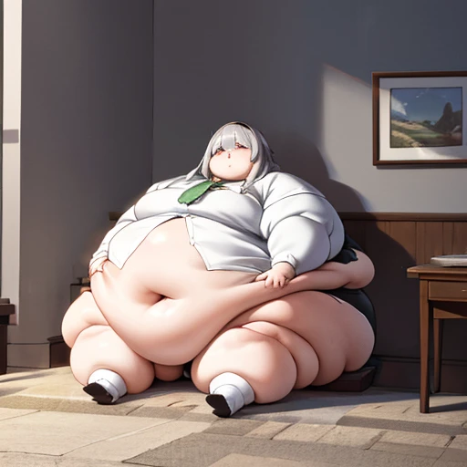 masterpiece,Best Quality,Super delicate,Severely obese women,Sitting on the floor, Extremely overweight, Extreme obesity, Large waist,Extremely obese women, Huge breasts very fat, Gray Hair, Extra Large, ((Obese belly that hangs down to the knees)), [Fat b...