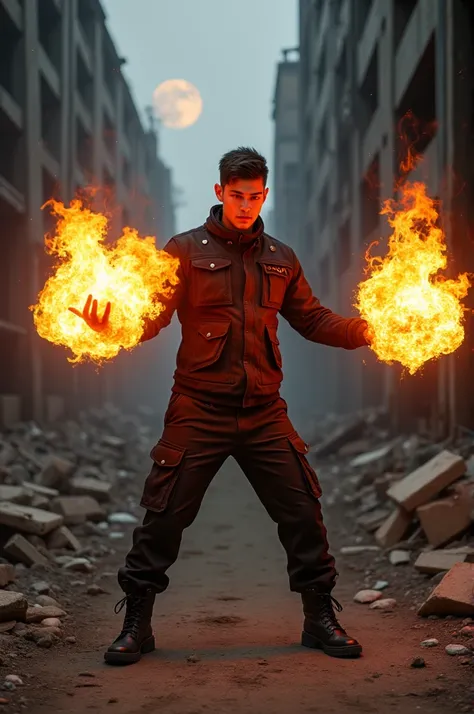 a firebender, handsome, young, wearing black and red cyber punk clothes, black cargo pants, black boot caterpillar, shooting fireballs with his hands towards the front, a small smiling expression, the background of an old burnt-out building, moonlight back...