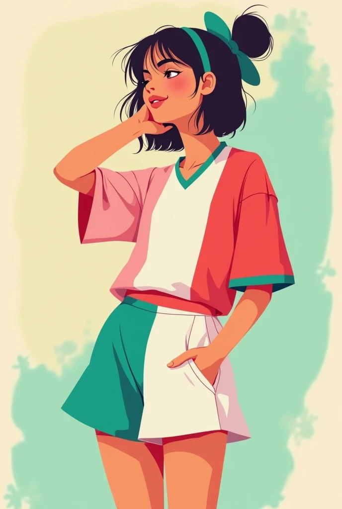 a Young woman in a pink and green shirt and shorts, pink white turquoise, teal silver red, flat colour-block style, color block, short sleeves, warm tri - color, two - tone, sport t-shirt, multicolored tshirt art, wearing a t-shirt, 3 colors, t - shirt, t-...