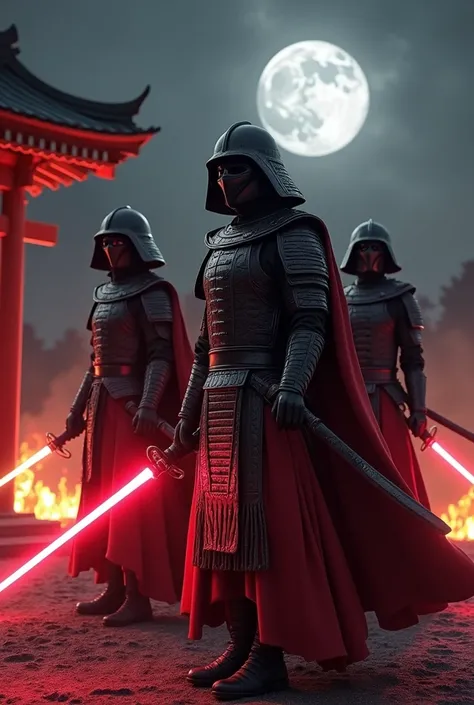 Inquisitors, Star Wars, wearing Black Samurai armors, red capes, Samurai helmets, holding red lightsabers and Japanese swords,As Samurai,
 background is Burning in the fire, in Japanese Shrine, 8k, masterpiece, high detailed, HD, in the dark night, full mo...