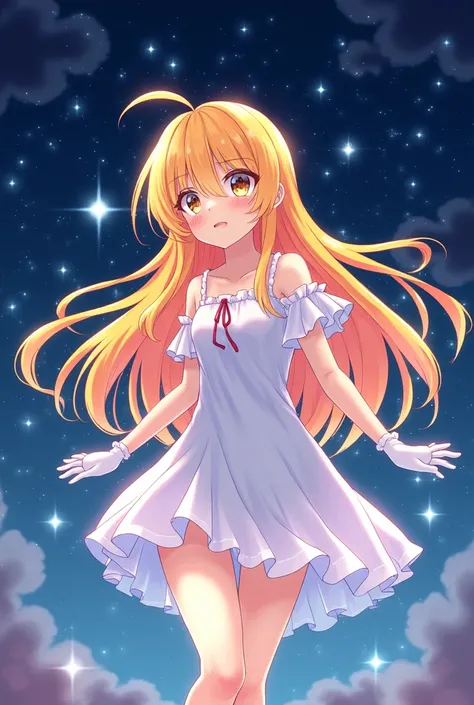 Yellow and orange long hair anime girl，White Gloves，short skirt dress，Night Sky