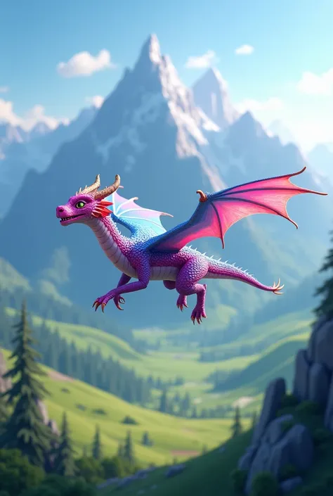 dragon, big, flies over the fields,   mountains background.
Pink head, paws pink with transition to blue, back blue.