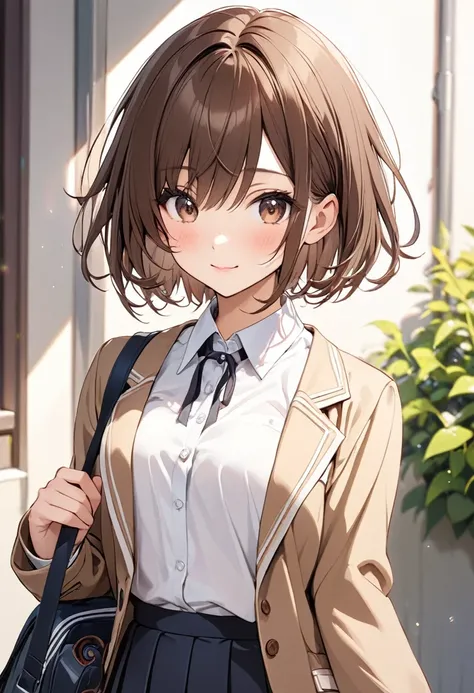 beautiful girl, very cute, short hair, brown hair, high school girl, women&#39;s high school uniform, mid-length pleated skirt, ...