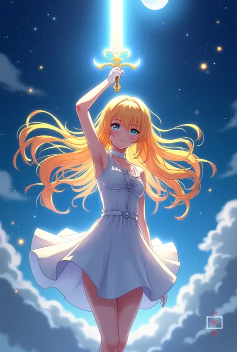 Yellow and orange long hair anime girl，White Gloves，short skirt dress，Night Sky，Holy Sword￼