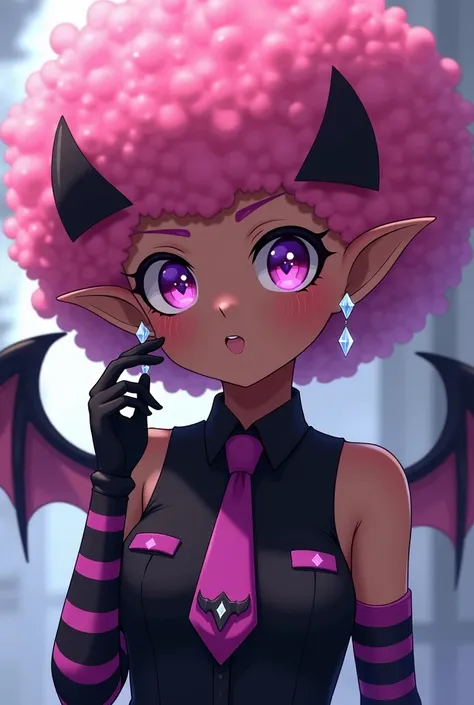 Black elf girl, all pink afropuffy hair, purple eyes, two black triangle-shaped clips,white crystal earring,black bat wing clip,black dress sleeveless anime elf style with a purple tie and a pink button in the middle, black gloves with sleeves pink and pur...