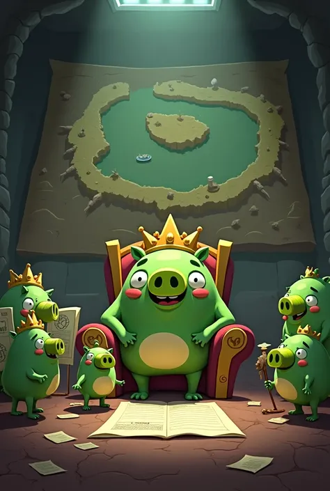 2: The Pigs’ Sneaky Plan
Prompt:
"In the dark, underground lair of the green pigs, King Pig (a large, crown-wearing green pig) is scheming with his minions. The room is dimly lit with a giant map of the bird’s island on the wall. King Pig is sitting on a g...