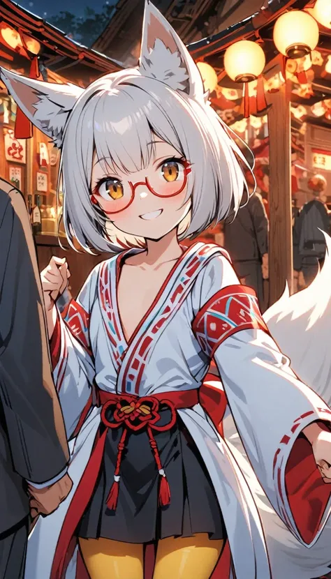 White fox girl,Quiet personality,One Girl,thin body type,Flat Chest,Vermilion and madder colored odd eyes,Red-rimmed glasses,Droopy eyes,Happy smile,fun,Short Hair,Bobcut,Red Mesh,fox ears,Shrine maiden costume,Short black skirt,Fox Tail,1 bottle,Deep gold...