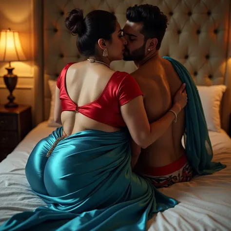 40 year old indian married women looking at the viewer, wearing shiny glossy and reflective finish polyester plus size transparent blue silk long sari and red low neck silk blouse , big Fat ass,wide hips,Big thighs, scooped Big breast, Voluptuous Body,fat ...