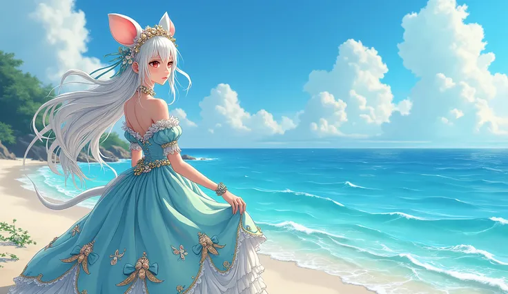 (best quality,4k,8k,highres,masterpiece:1.2), ultra-detailed, Pretty albino girl has a princess of the sea, drawn in 2D anime style, steampunk, wearing a iridescent turquoise princess gown with puffy sleeves, steampunk, gorgeous frilly dress design,flowing...