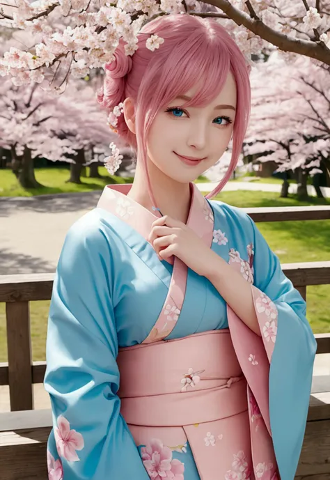 (masterpiece, best quality:1.2), pov, solo focus, upper body, 1girl, hand on anothers cheek, smile, pink hair, blue eyes, japanese clothes, kimono, cherry blossom trees