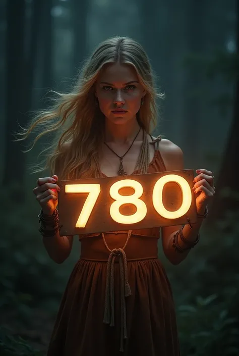 A beautiful girl with wavy, long hair and a boho dress holds a white sign with "780" and shows it to the viewer.
dark background. 780 should shine. Woman should look like a warrior and still be normal. more clothes. More like Vikings.