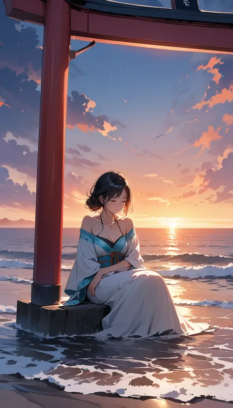 Ghibli-style night beach。Under the sky with a purple and orange gradient、The torii gate floats on the gentle waves.。A pleasant breeze blows、With the sound of gentle waves echoing、A shrine maiden is sitting on the beach。She is wearing an outfit that shows a...