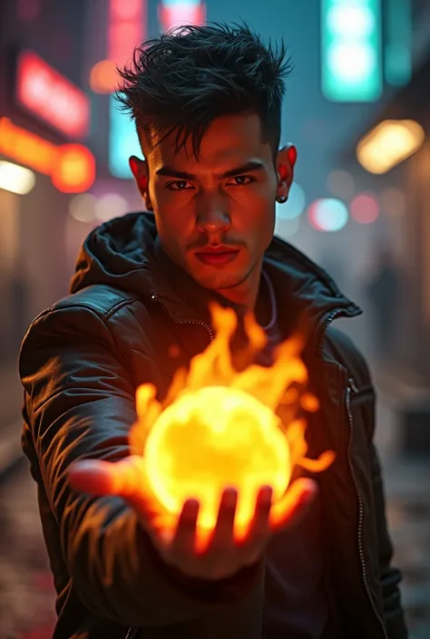 A young boy  holding fire superpower his age should be 20 dress like cyberpunk boy make him realistic