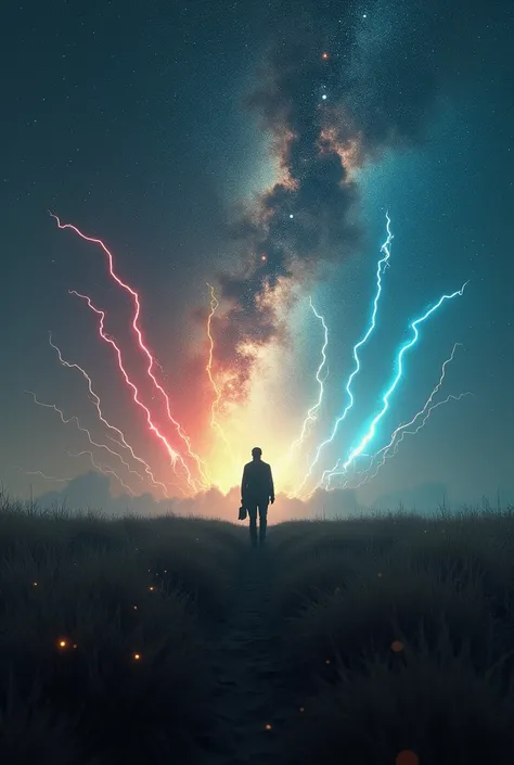 A cinematic view of a suspicious lone meadow, suspicious man standing like a thumbnail of a movie, galaxy like sky , vfx effects, more lightning effects, cinematics and awesome sci. Fic. Type , bright with glow and light of lightning bolts and wavy laser l...