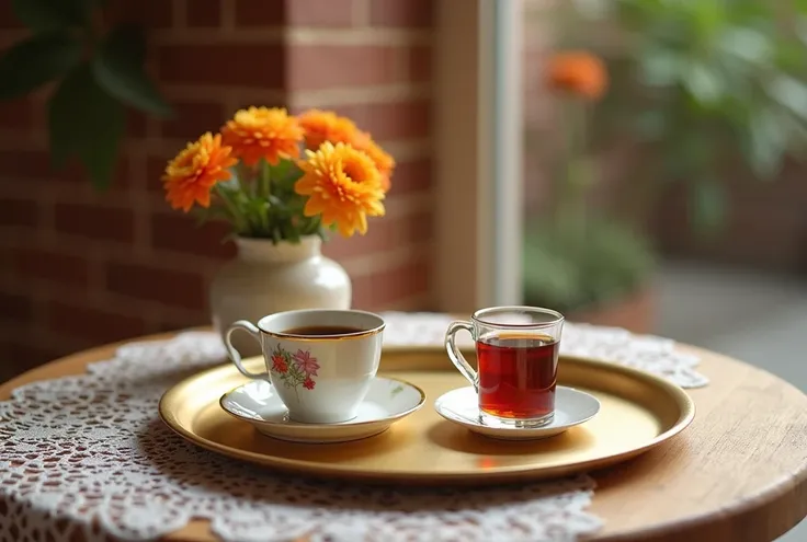 The image shows a wooden table with a gold tray on it. On the tray, there is a cup of coffee and a glass of red liquid. The cup is filled with a dark liquid, possibly coffee, and the saucer is decorated with a floral pattern. There is also a small vase wit...