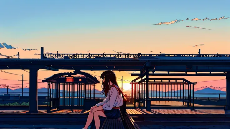 Ultra high quality, ultra high resolution, sunset over the horizon at a quiet train station, a young Japanese girl sitting on a wooden bench on the platform, wearing a school uniform, looking into the distance while waiting for her train, soft lighting, no...