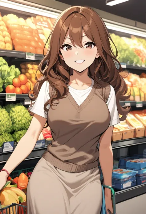 1woman milf, brown hair, wavy hair, long hair, long skirt, long t-shirt, knit vest, smile, super market