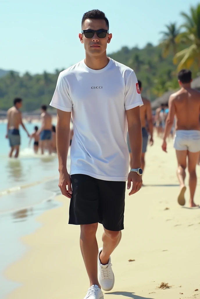 Instructions

Copy

Realistic photography. Professional model shooting. Young Indonesian man wearing .sunglasses. Smooth face. very short and very thin haircut. looks handsome. Slightly athletic body Wearing a white guci t-shirt with short black jeans. Whi...