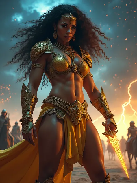 Moor Woman, evil Queen Boss: beauty superior, Super sword, include hyper realism, exuding a powerful aura, strikingly breathtaking being is adorned with complex jewelry and body markings, starry night sky, hourglass figure: Muscular-HUMUNGOUS ASS: swirling...