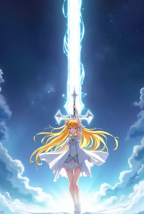 Yellow and orange long hair anime girl，White Gloves，short skirt dress，Night Sky，huge holy sword