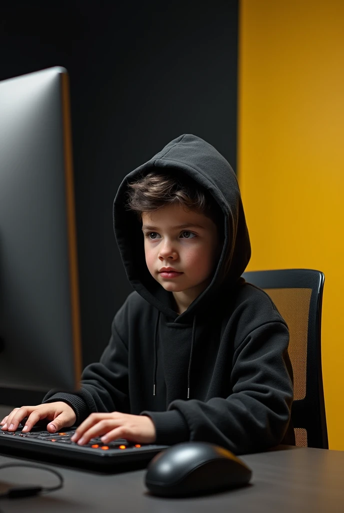 A 1 boy is sitting infront of computer desk with a mic and laptop, he is wearing a black hodi and has black hair against a block and yellow themed background  see in front 
