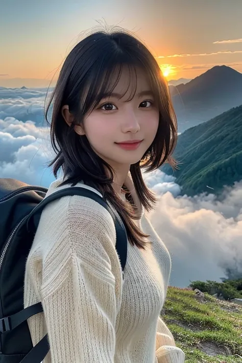 Best Quality, masterpiece, Ultra-high resolution(Realistic:1.3), RAW Photos, (Nature landscape photography), (Majestic Mountain々The top of, sea of clouds), (とても大きな山The top of), (sunset), (One Girl), (20 years old), (smile:0.9), (Shiny skin), (Short Hair, D...