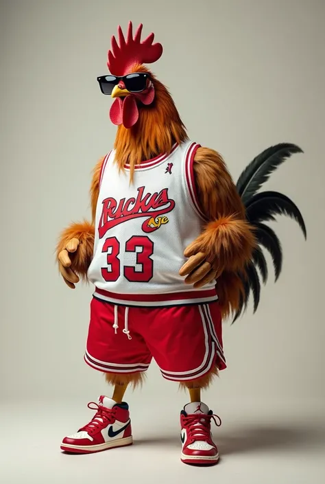 Photo of a cool chicken wearing jordan 1 shoes  and shades and jordan jersey shirt and short with a "Kicks To Go!" lettering in front