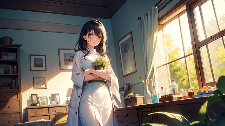 A serene young woman with a pure and modest appearance, standing by an open window, letting fresh air into the room. Sunlight streams in, illuminating her face. Outside the window, lush greenery is visible, with sunbeams creating a sparkling effect on leav...