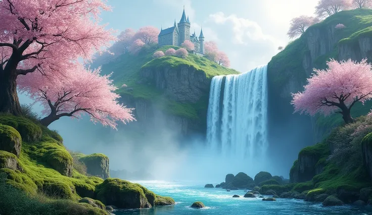 Create a surreal landscape with a massive, cascading waterfall as the central focus, flowing powerfully over moss-covered rocks into a serene river below. Surround the waterfall with lush greenery, trees, and blooming cherry blossoms, their soft pink petal...