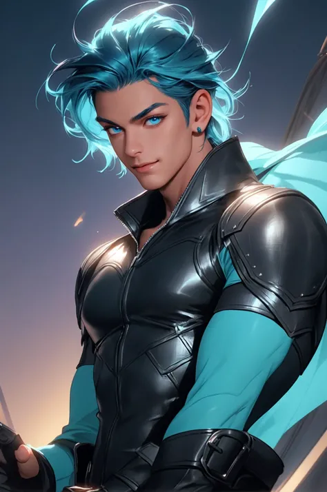 Handsome young man, tight leather outfit, mid-length blue hair, godlike, luminous gaze, turquoise eyes that can be seen in the dark, floating in the sky, muscular, smile, long eyelashes, full body, 8k, hyper detailed, photorealistic, high quality, digital ...