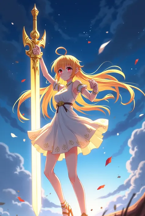 Yellow and orange long hair anime girl，White Gloves，short skirt dress，Night Sky，huge holy sword