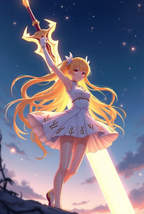 Yellow and orange long hair anime girl，White Gloves，short skirt dress，Night Sky，huge holy sword