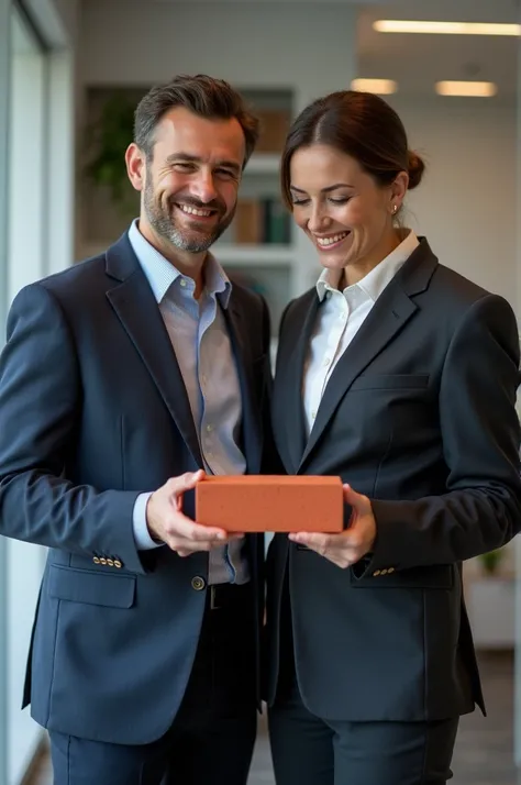 2 people sharing a brick happily professionally looking at each other. The brick needs to be well understandable and be just a regular red brick 