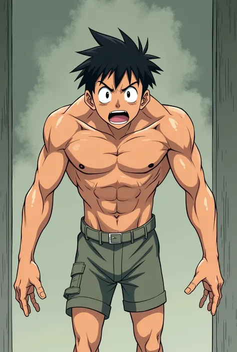 Weak boy fearfully and in panic watch how his muscules growing and body become more manly. Anime. 