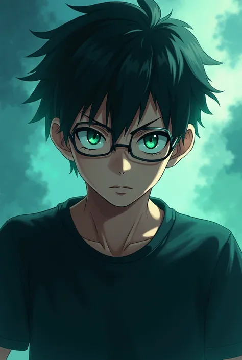 Anime style, male, 2, black shirt, glasses, fierce face, only upper part can be seen, green eyes, blue-green background mixed together.