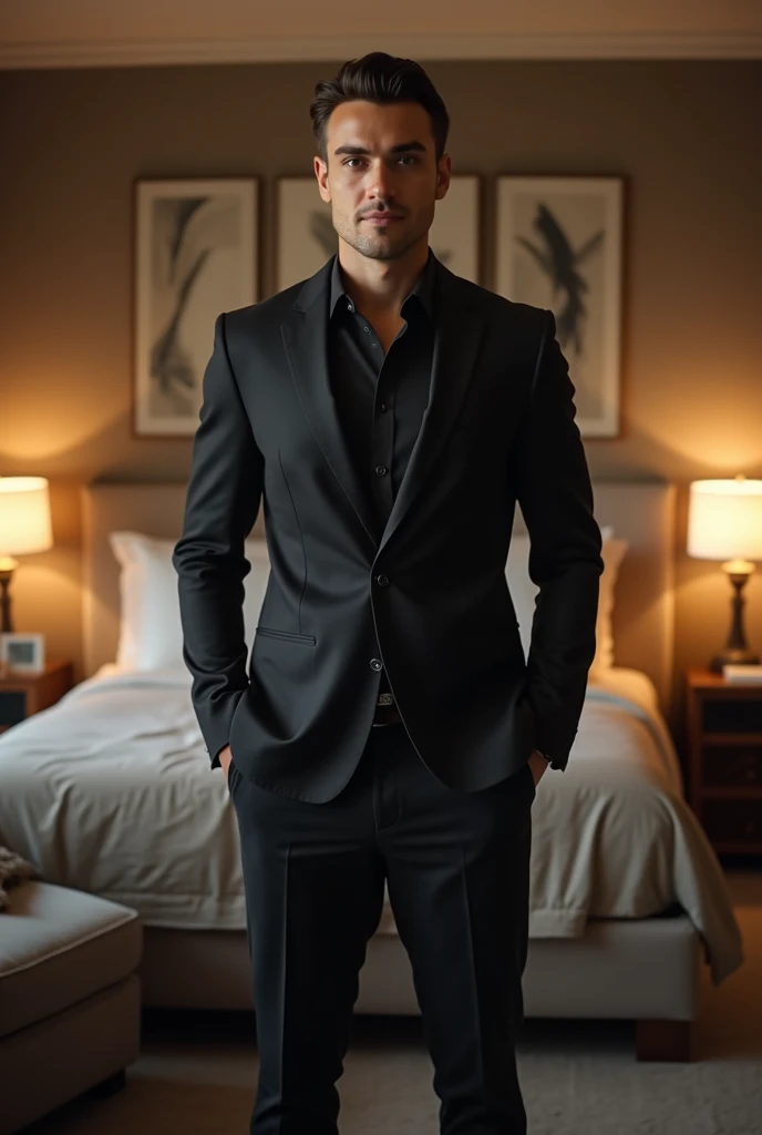 Create a handsome modern man in your bedroom standing and facing the photograph