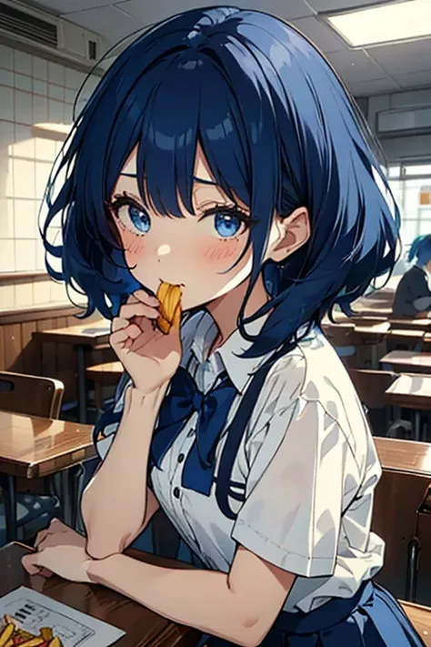 (((beautiful detailed)))(cute face:1.2)1girl, A girl stuffing her face with french fries, Girl crying while eating a pile of french fries, Inside a 2000s-style diner, 1950s-style interior, light Navy blue hair, blue eyes, A short-sleeved white shirt with f...