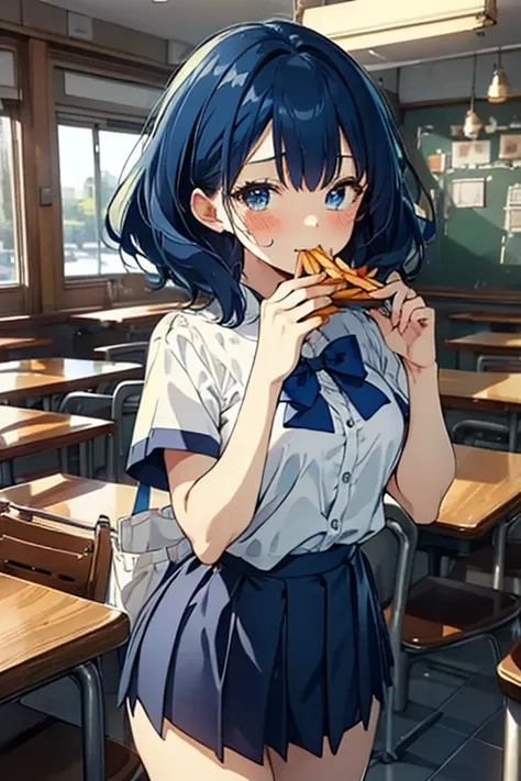 (((beautiful detailed)))(cute face:1.2)1girl, a girl stuffing her face with french fries, girl crying while eating a pile of fre...