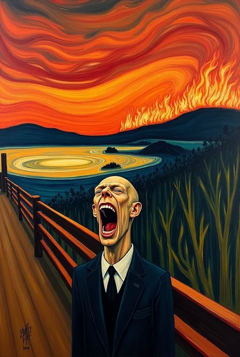 make a picture of the painting "or scream" de Edvard munch, but deep down I want fires to happen, representing the current situation in Brazil with the fires.