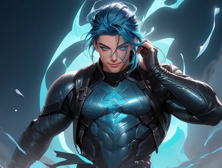 Handsome young man, tight leather outfit, mid-length blue hair, godlike, luminous gaze, turquoise eyes that can be seen in the dark, floating in the sky, muscular, smile, long eyelashes, full body, 8k, hyper detailed, photorealistic, high quality, digital ...