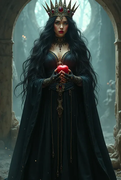 girl,Long black hair，Black Queen，accessories，Apple in hand，，Witch Queen，Red lipstick