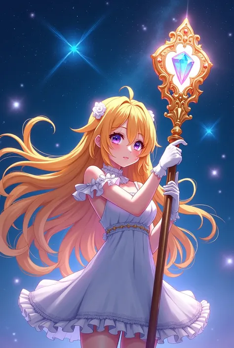 Yellow and orange long hair anime girl，White Gloves，short skirt dress，Night Sky，Huge Gem Staff