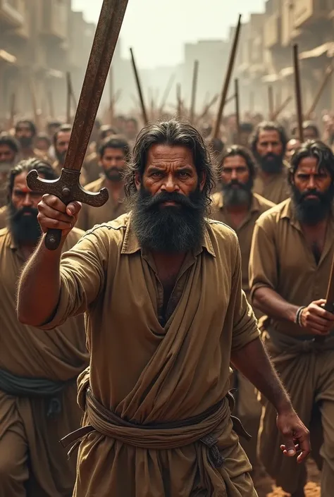 An angry crowd of villagers, led by a fierce-looking farmer named Ram Lal, holding a rusty sword, their faces filled with determination and fury against the British."