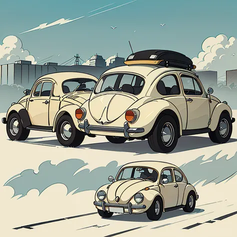 Design a vintage-style t-shirt featuring a classic car, such as a Volkswagen Beetle (Fusca) or a Brasília, drawn with clean, detailed lines in a monochromatic or retro color scheme. The car should have a timeless, elegant look, possibly parked in front of ...