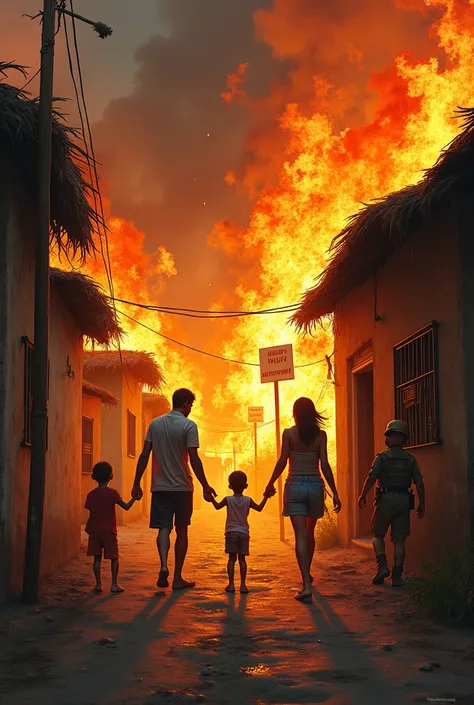 a family on fire with the government looking on inspired by carybé